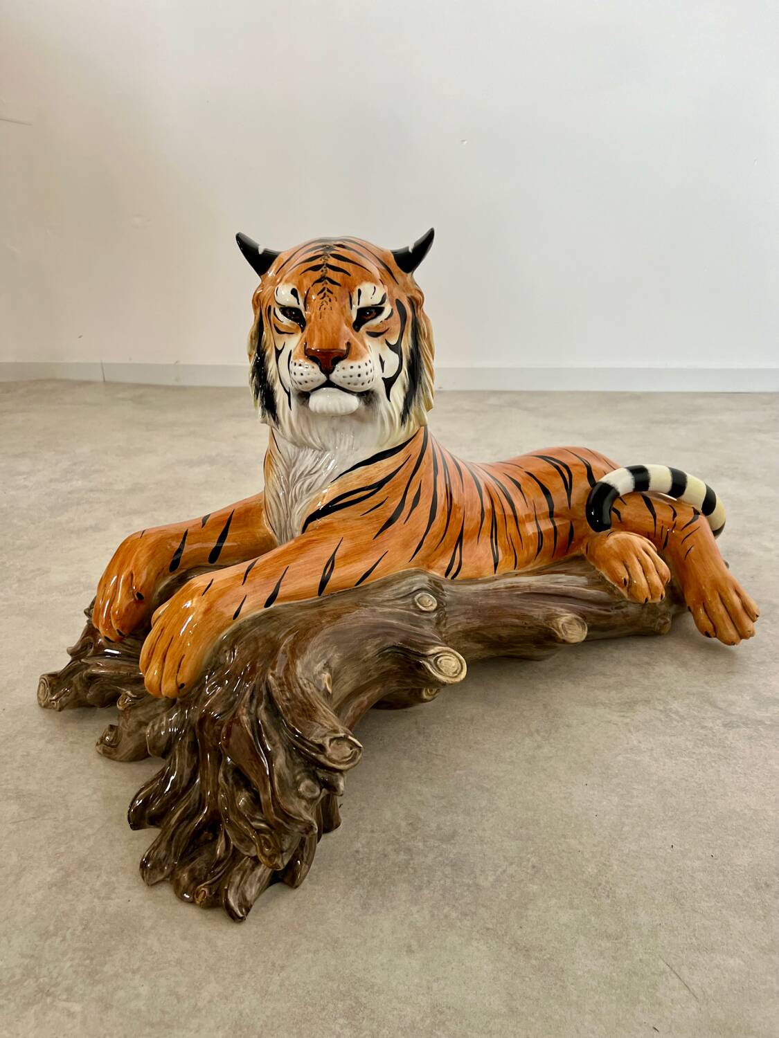 Old vintage ceramic tiger 70s Italian design lying position