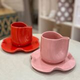 Set of mugs and cups of water lily ceramic handmade pop pink barbapapa