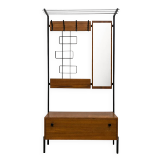 Mid-century coat rack, chest, and mirror.
