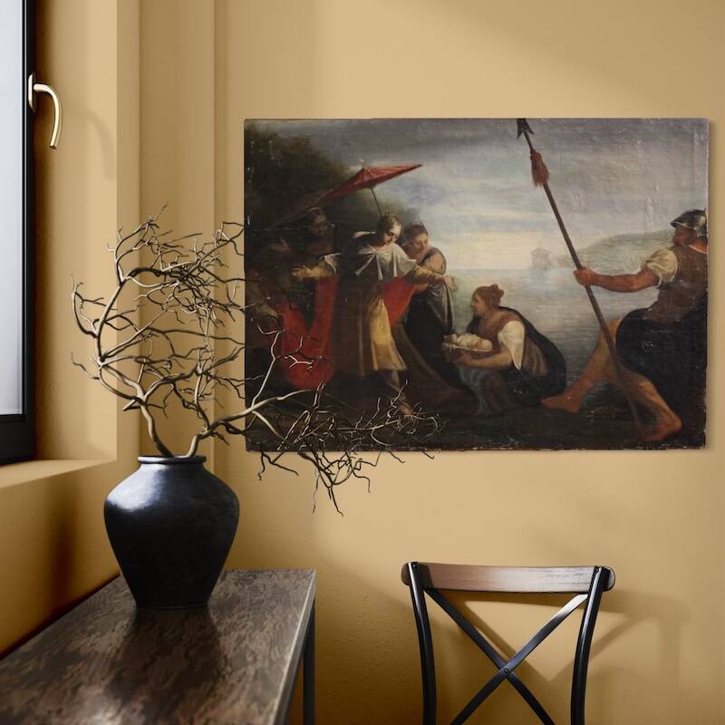 Antique Italian painting Moses saved from the waters from the 18th century