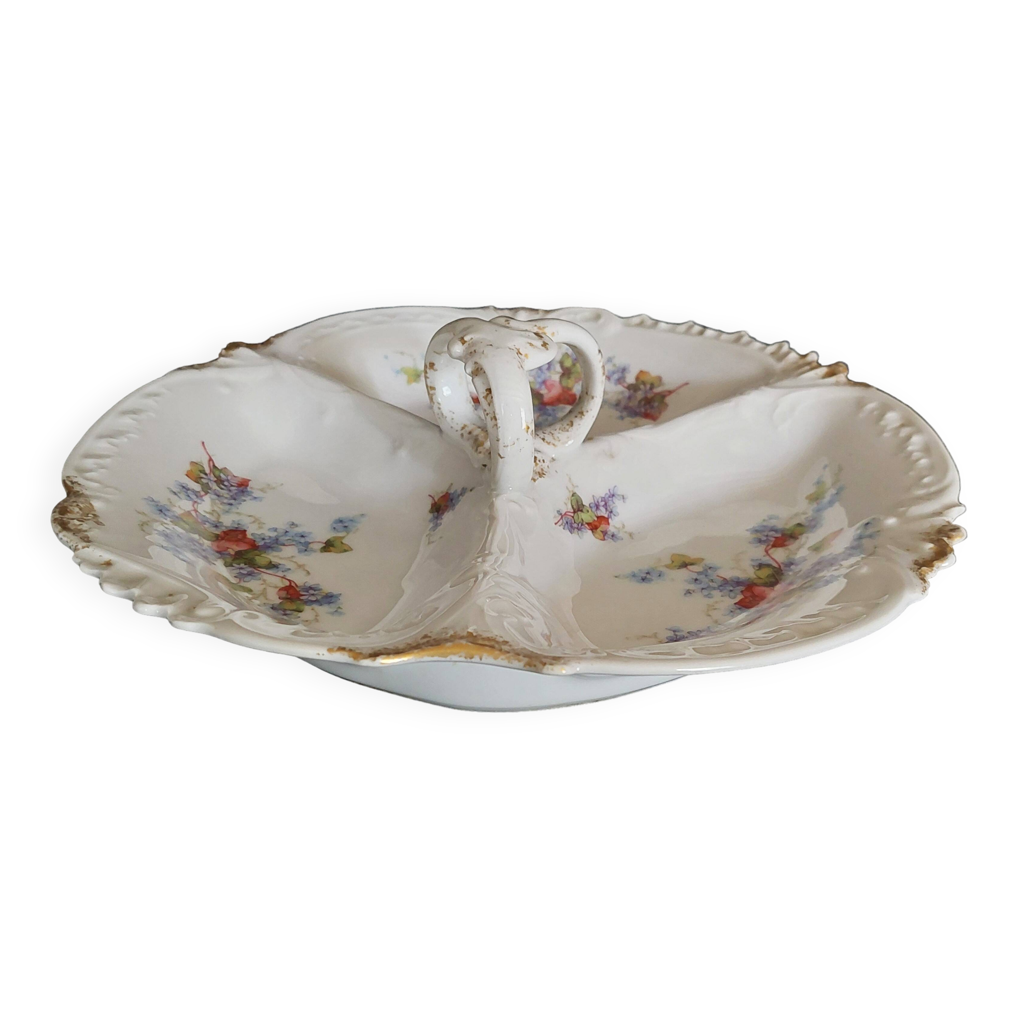Serving dish beggar porcelain flowered Limoges early 20th century