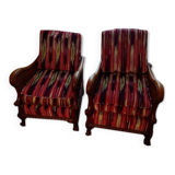 Pair of armchairs, English style, fluted backrests and armrests. Redone by tapestry maker, covered with Pierre Fry fabrics