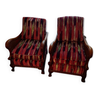 Pair of armchairs, English style, fluted backrests and armrests. Redone by tapestry maker, covered with Pierre Fry fabrics