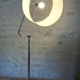 Flexible floor lamp, chrome, opaque white lampshade and metallic edges