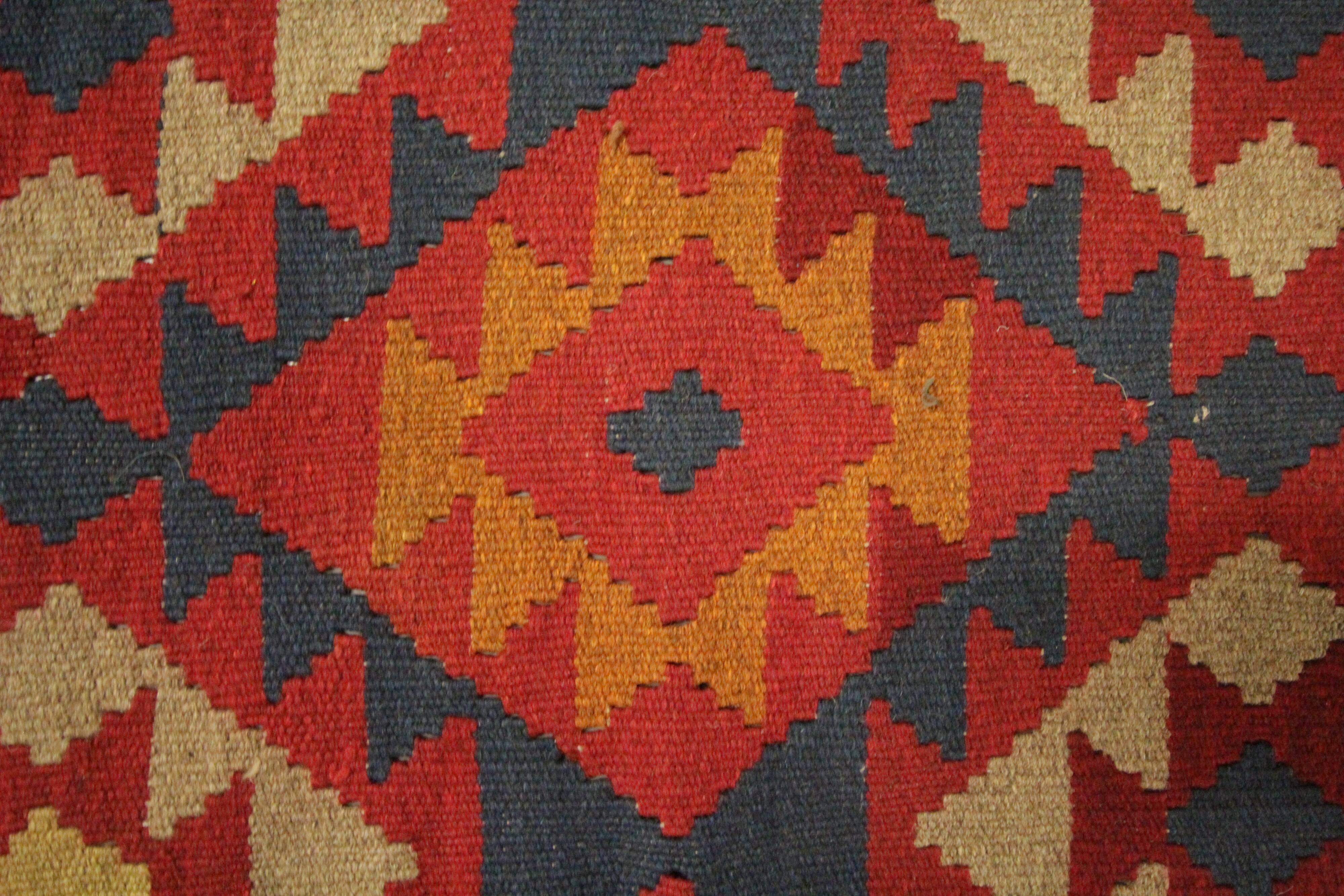 Burgundy Afghan Kilim Rug, Geometric Wool Flatweave, Handmade Tribal Carpet