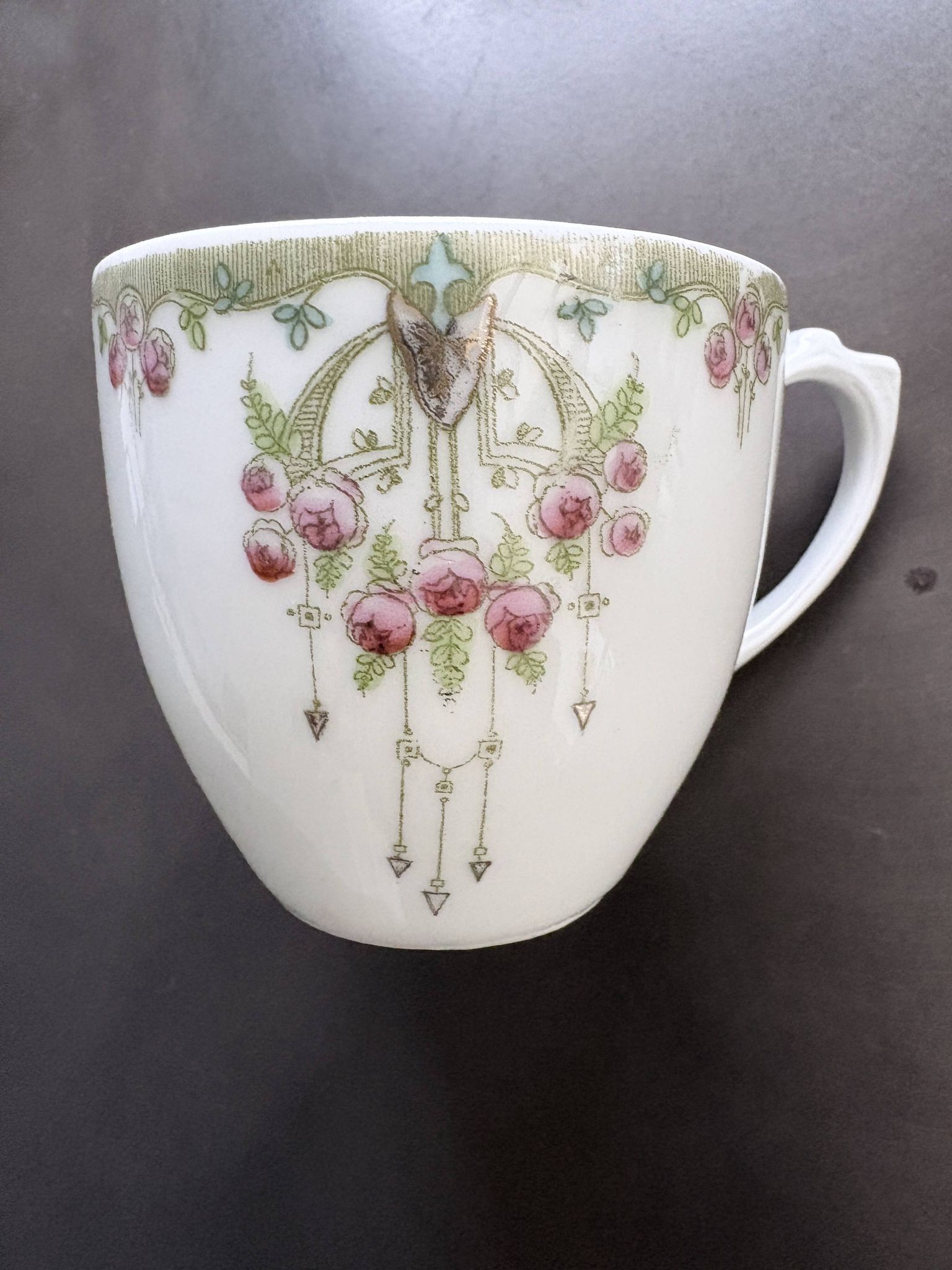 Service of 6 Fine Porcelain Cups with Art Nouveau Rose Decoration