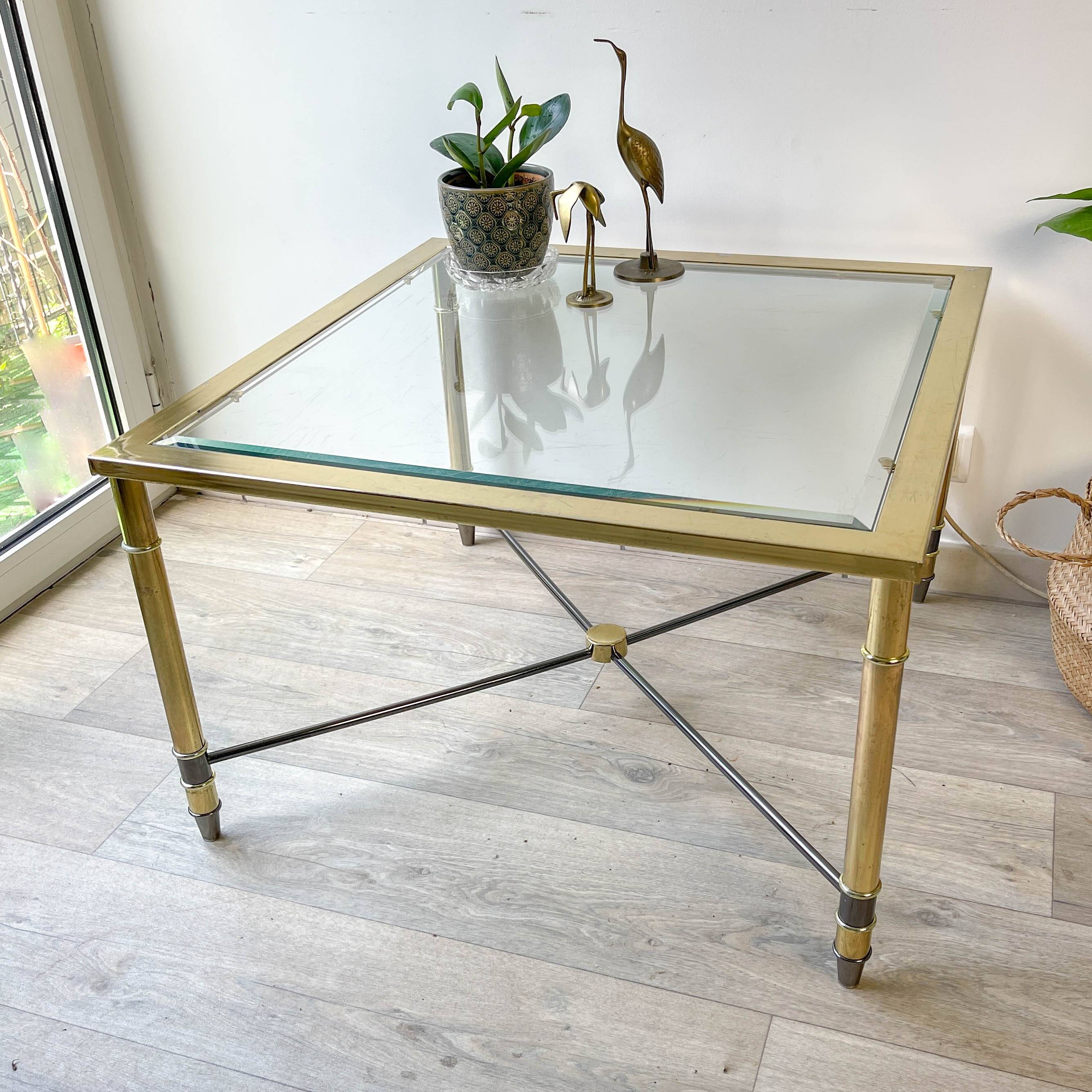 Vintage Brass and Square Beveled Glass Coffee Table