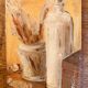 Small signed painting, oil on cardboard canvas, still life "studio"