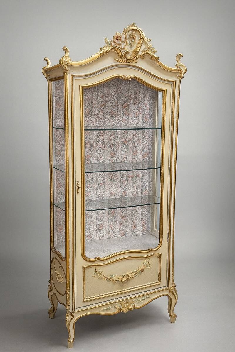 Louis XV / Rococo style display cabinet, painted wood in cream and gold tones.
