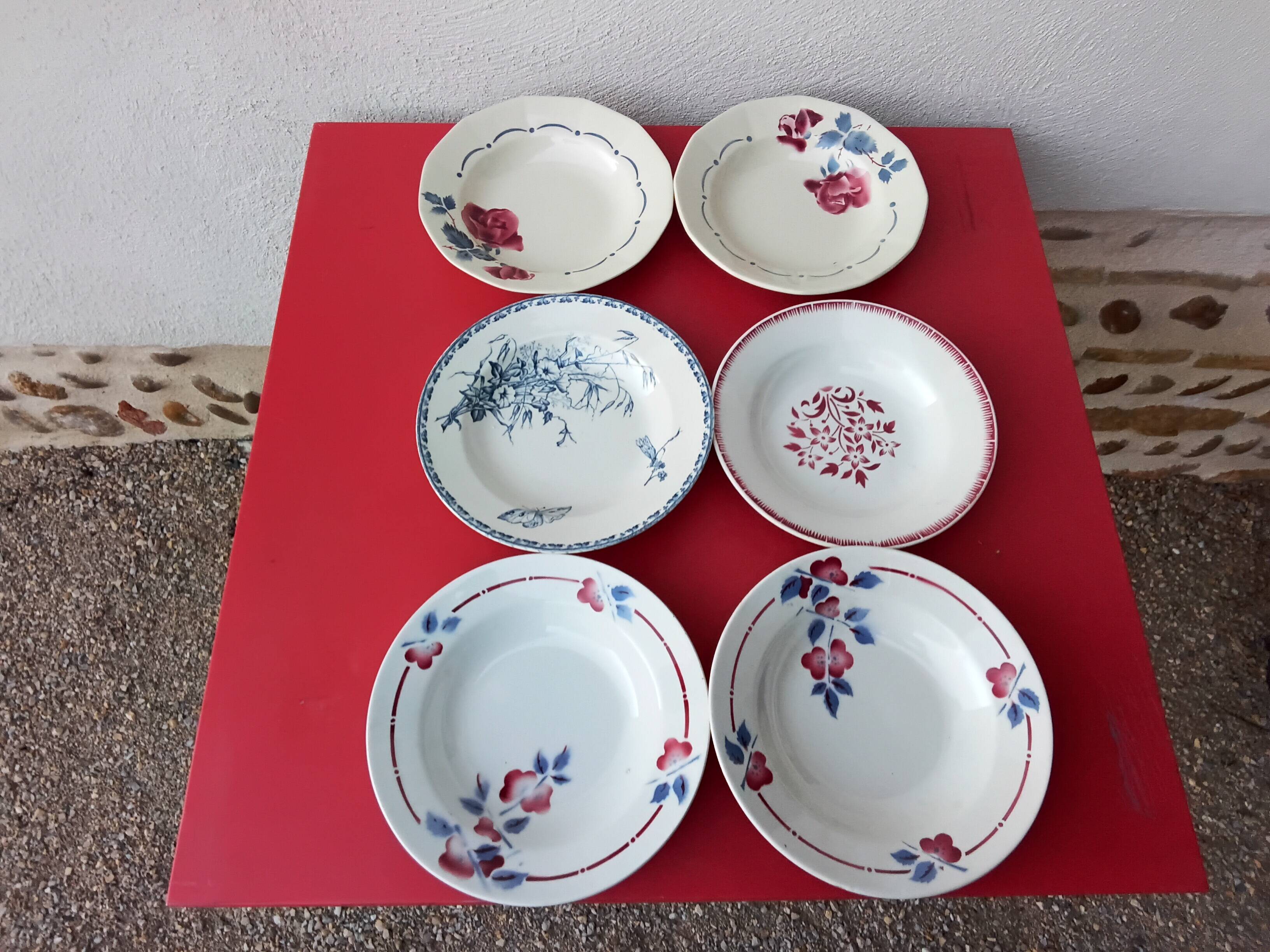 Set of six mismatched antique soup plates