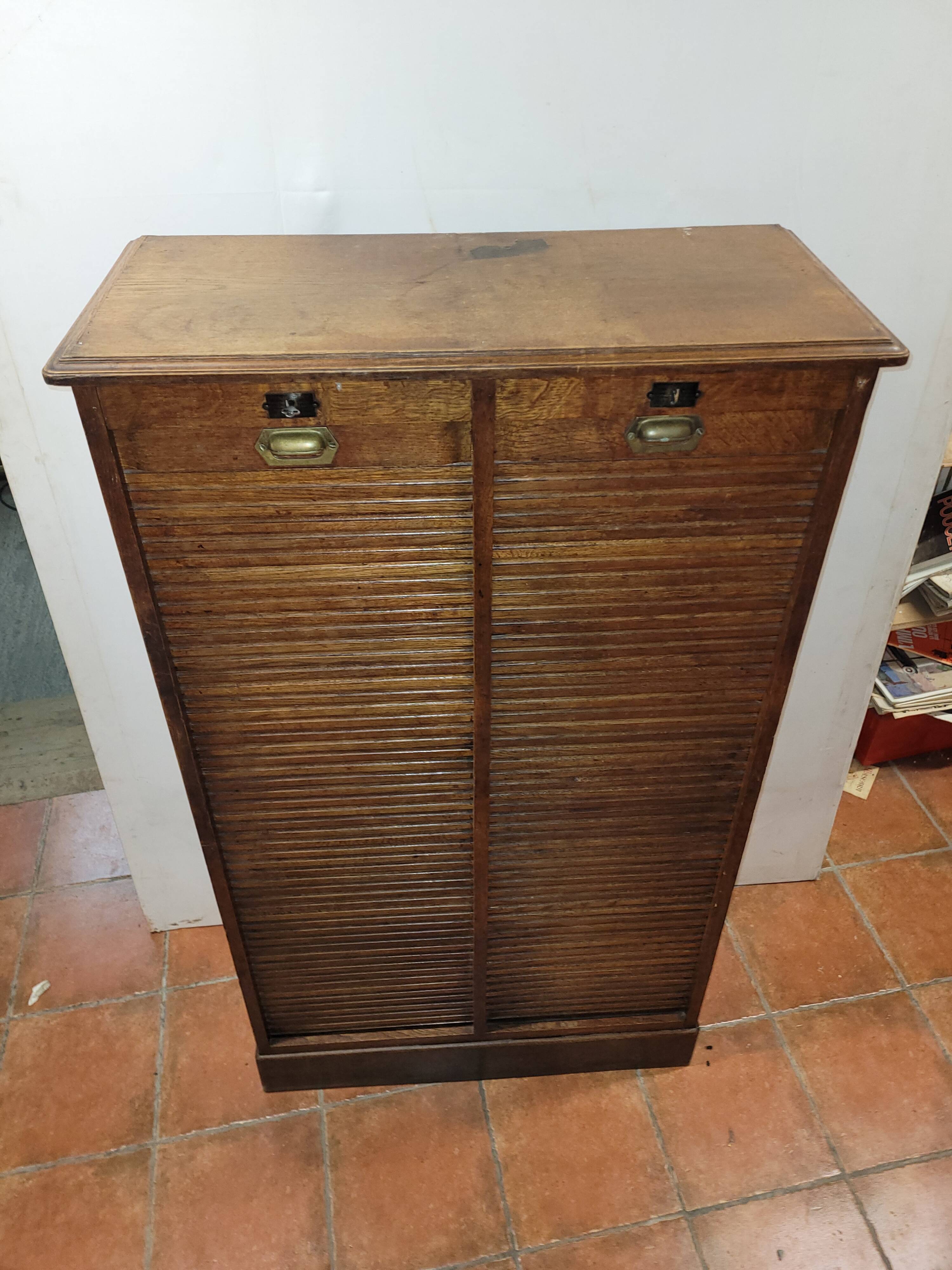 Old double curtained oak filing cabinet