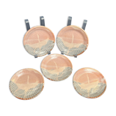 Set of five small Korean stoneware plates with pink crane, 20th century
