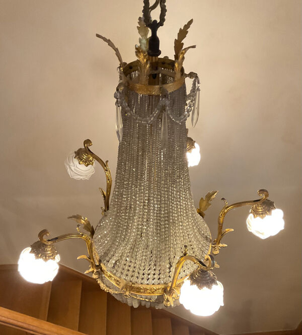 Grand lustre Empire Montgolfière XIXème en bronze et cristal