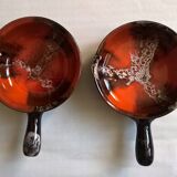 Vallauris frying pans with signed terracotta ceramic handle.