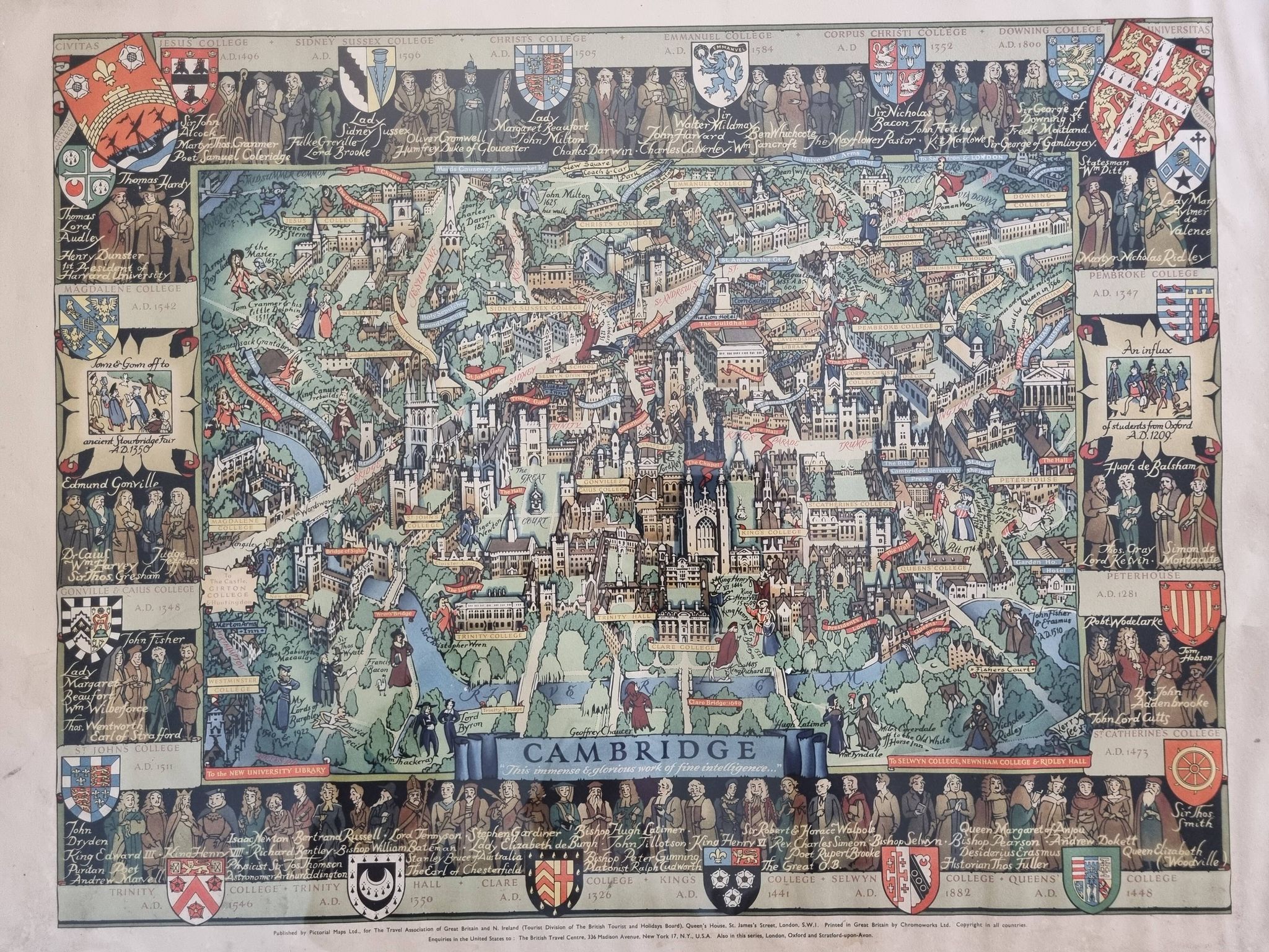 Historical Panorama of the University of Cambridge, Printed in Great Britain, 76 x 61 cm