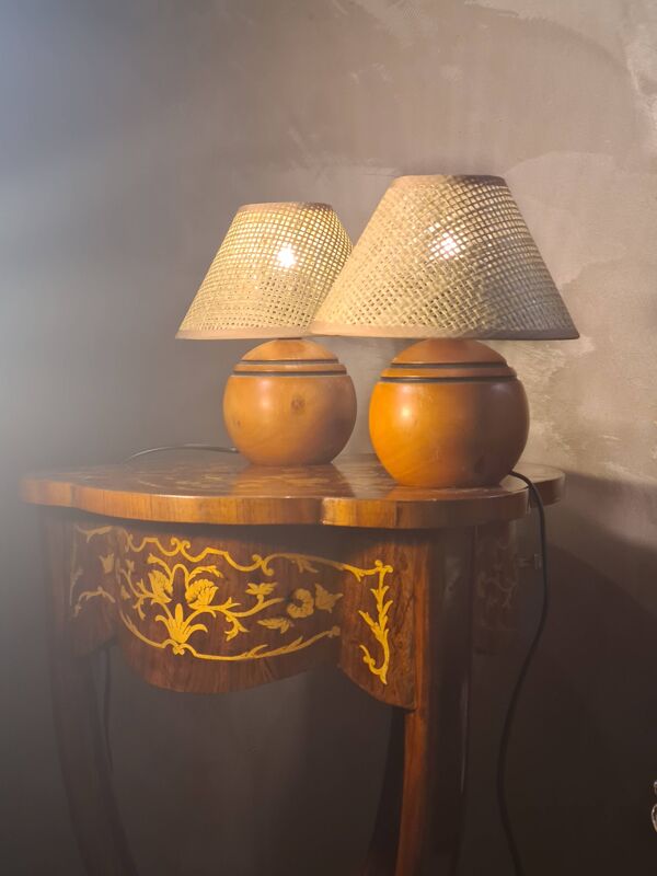 paire lampe boule bois massif   70 a 80 abat jour neuf osier vannerie 25x20