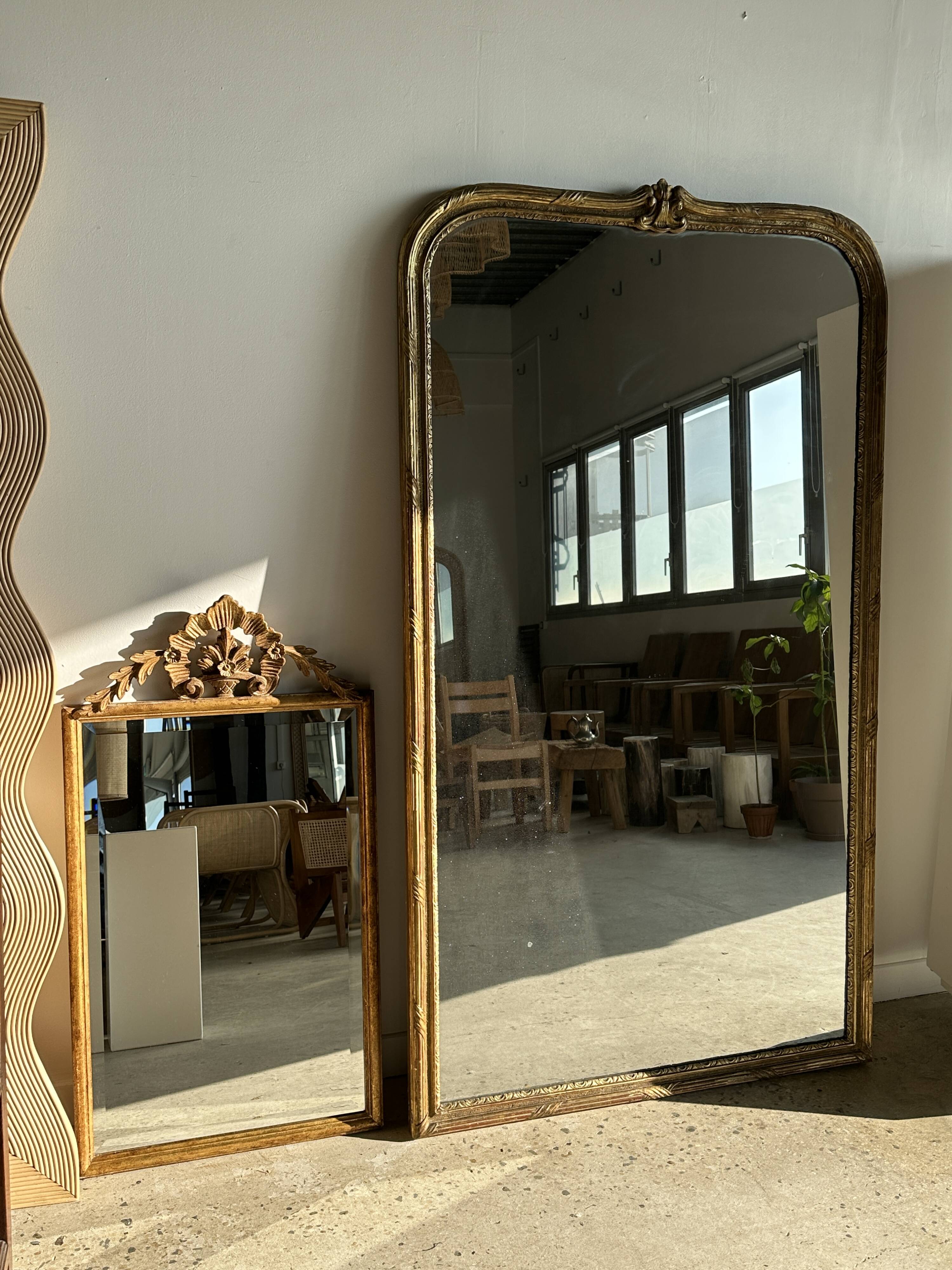 Large gilded mirror 19th century rounded corners mercury glass Louis XVI style