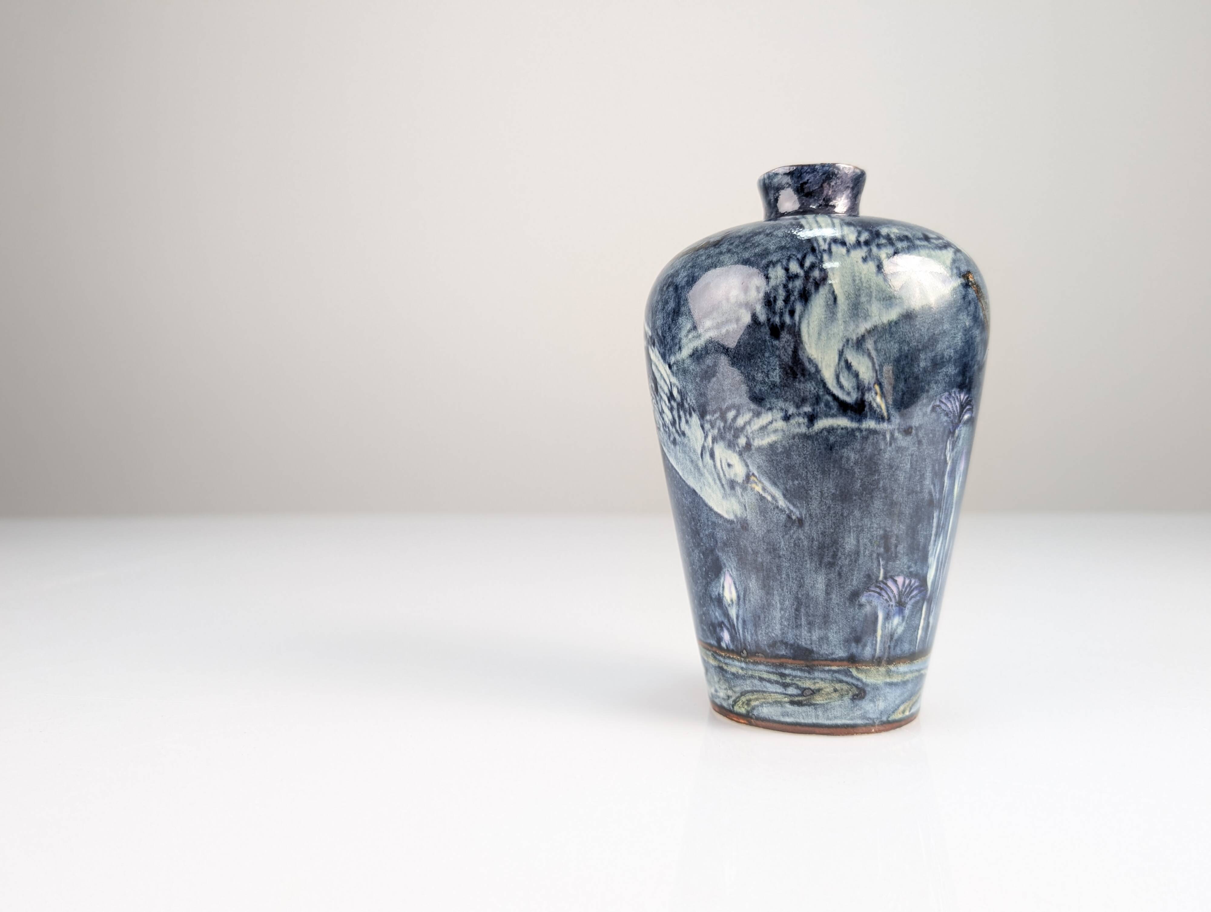 Art Nouveau Vase Herons and Flowers, J.W. Mijnlieff, Holland Utrecht 1900s