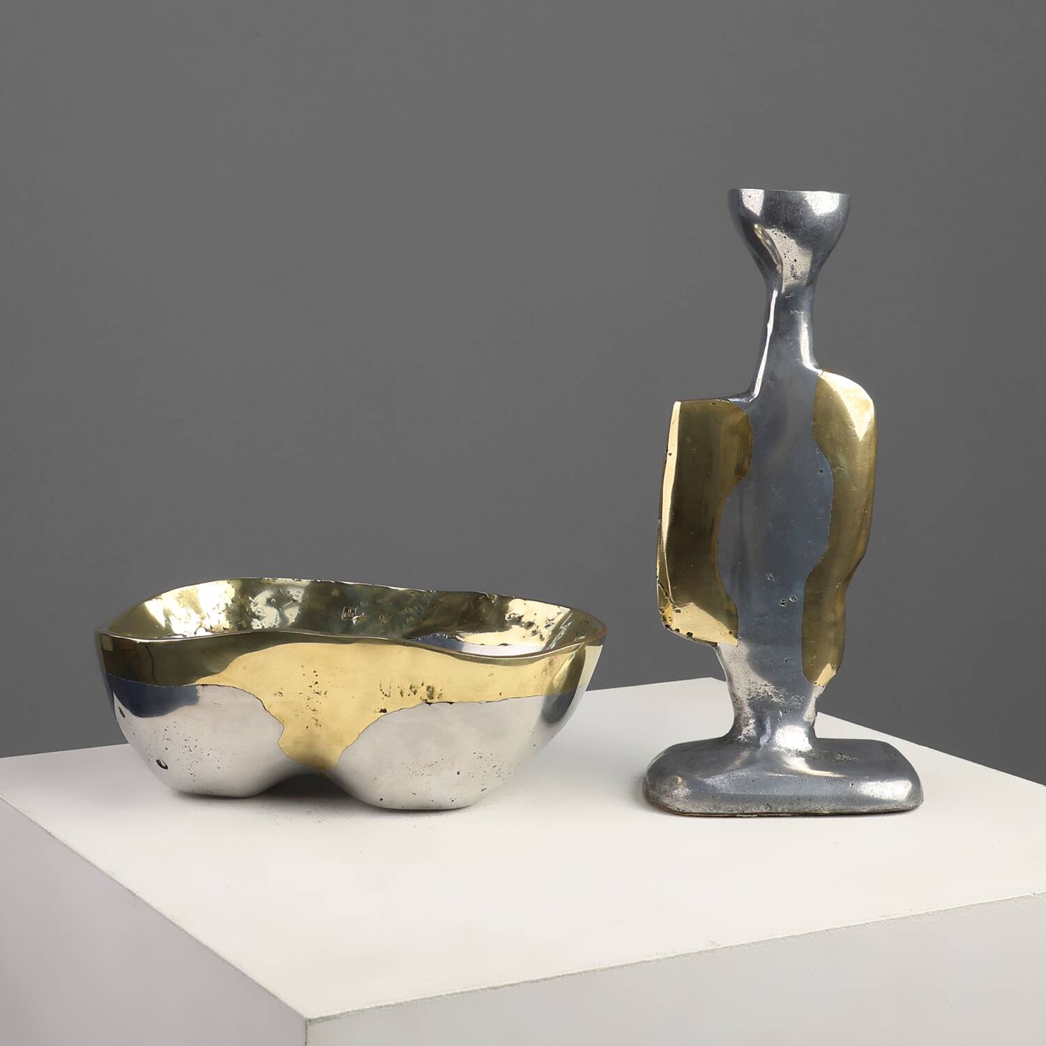 Candleholder and Bowl by David Marshall in Aluminum and Brass, UK 1970s