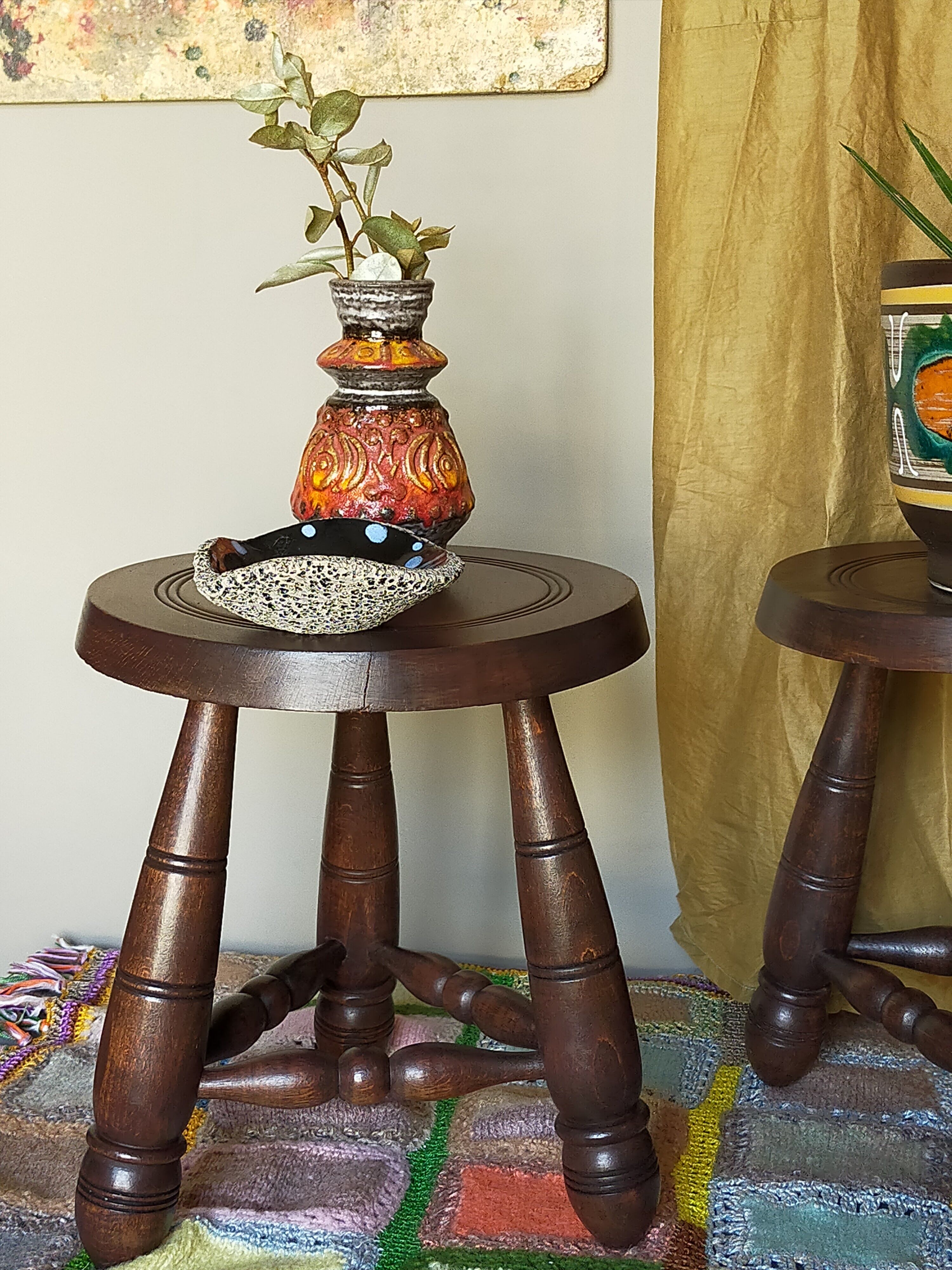 Pair of vintage wooden tripods stools