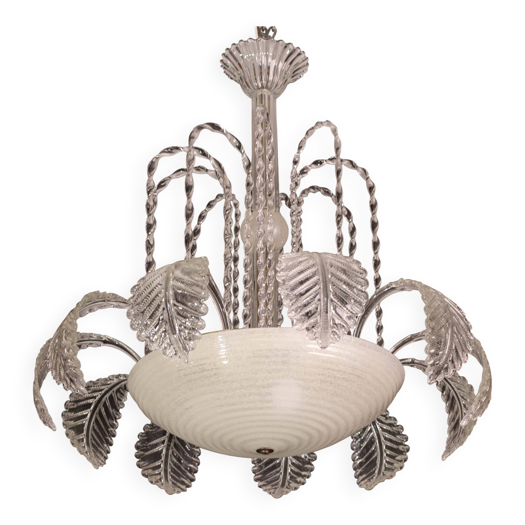 Elegant Art Decò, Barovier & Toso Chandelier, Murano Glass, 1950s