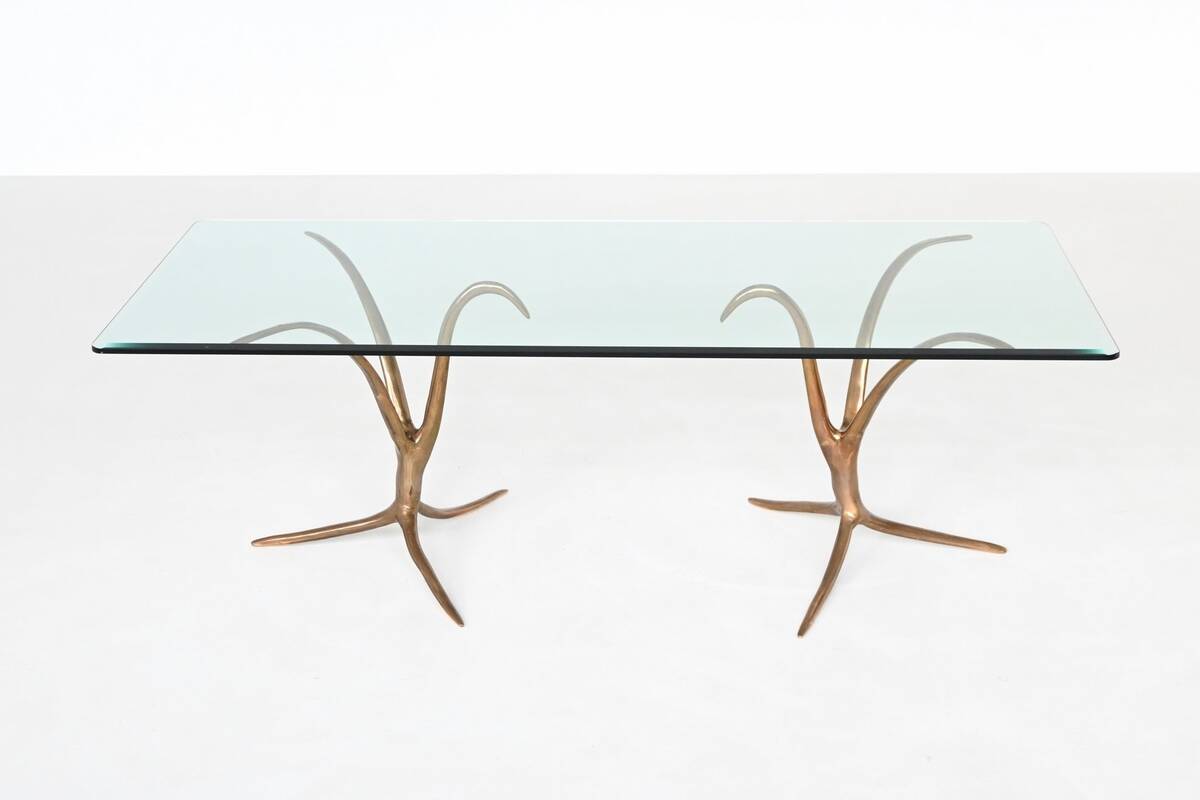 Unique sculptural dining table in bronze and glass, Belgium 1970.