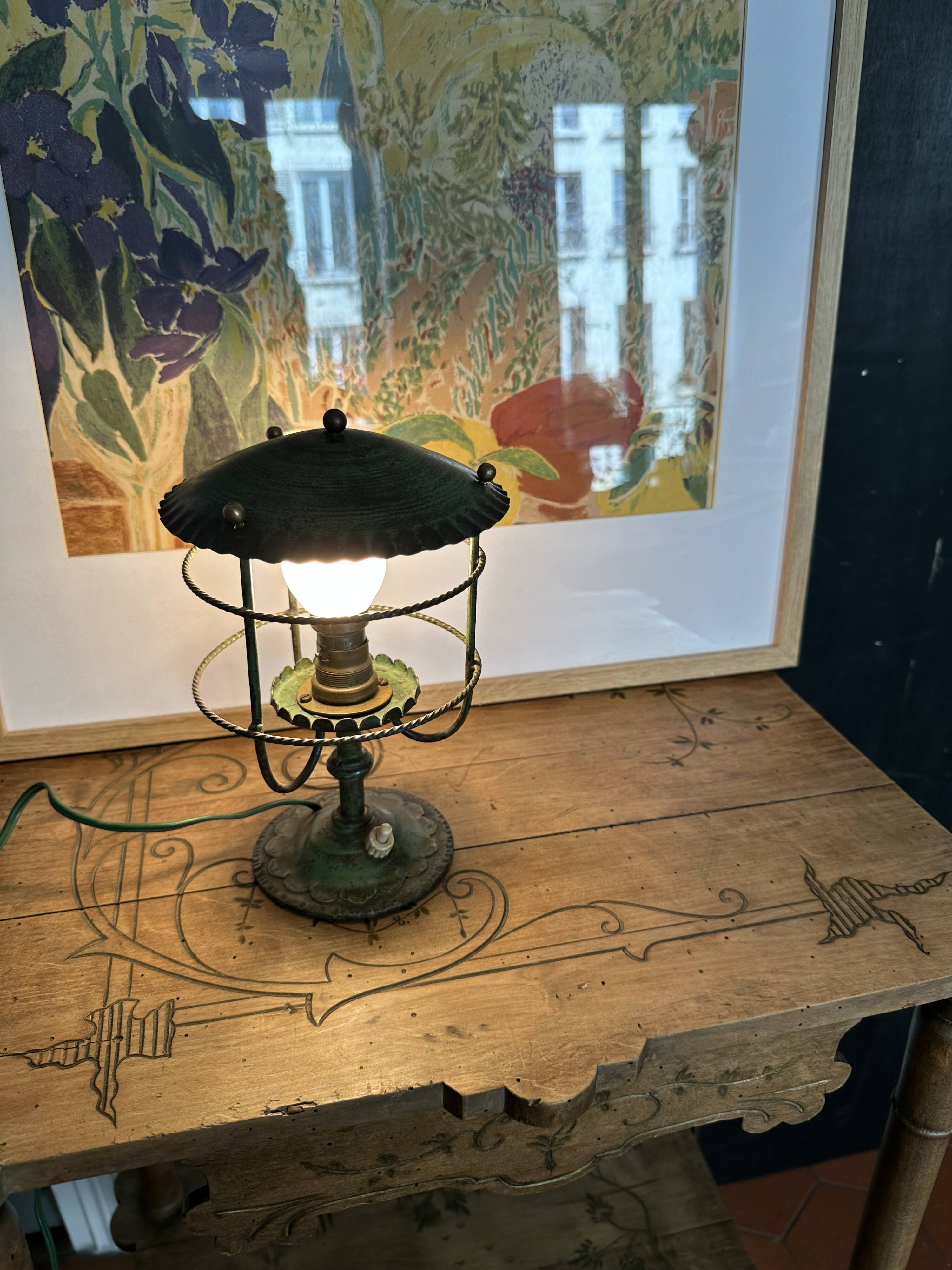 Antique patinated green metal lamp, Art Nouveau style, early 20th century.