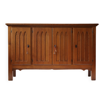 Belgian carved oak wardrobe, Gothic inspiration, circa 1960