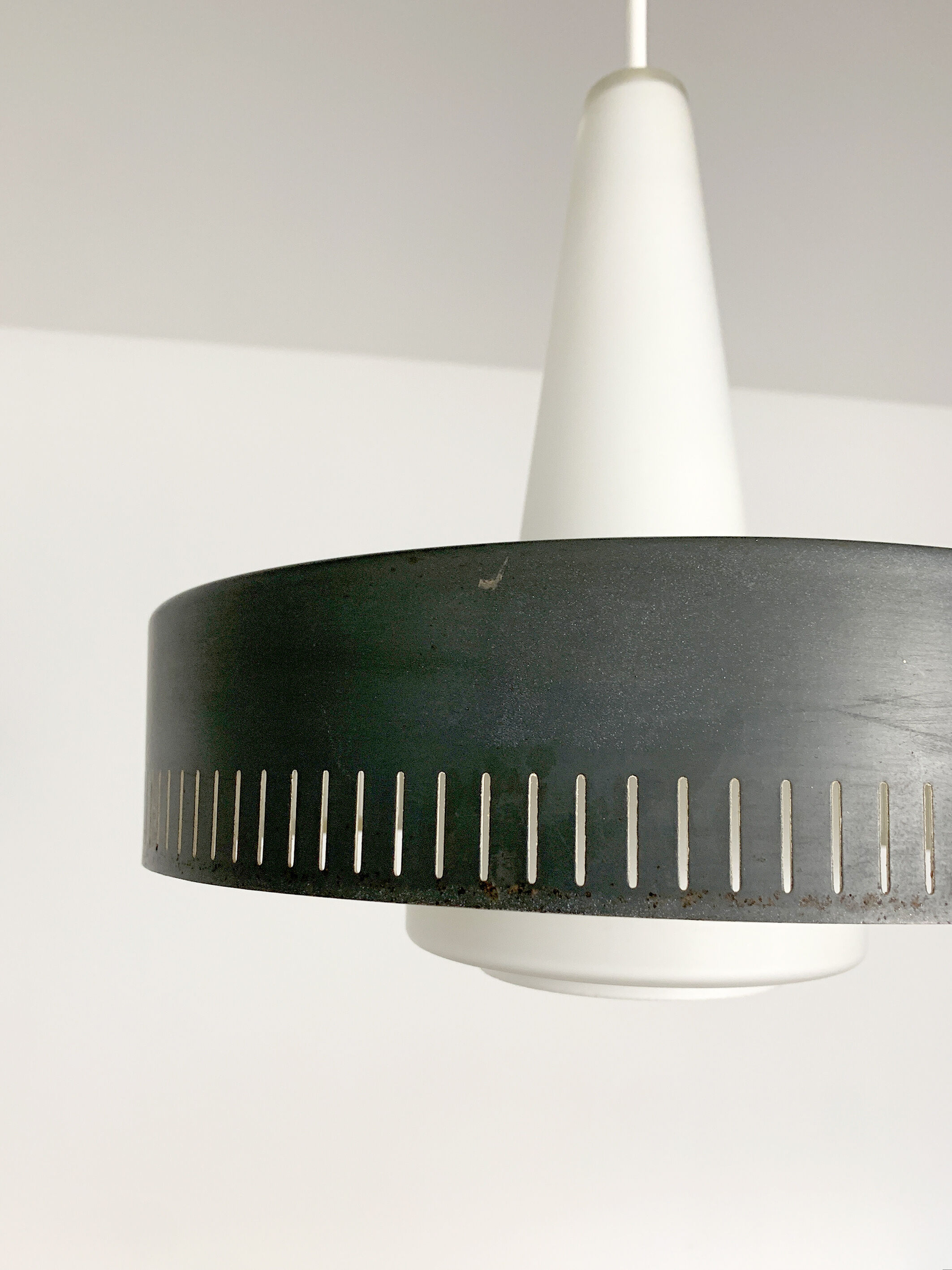 Modernist pendant lamp opal glass and grey metal Bent Karlby for Lyfa, Denmark, 1950-60
