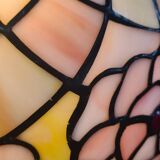 antique bronze lamp with leaf base and glass paste, art nouveau stained glass