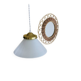 Vintage globe pendant light in smooth white opaline and gold metal