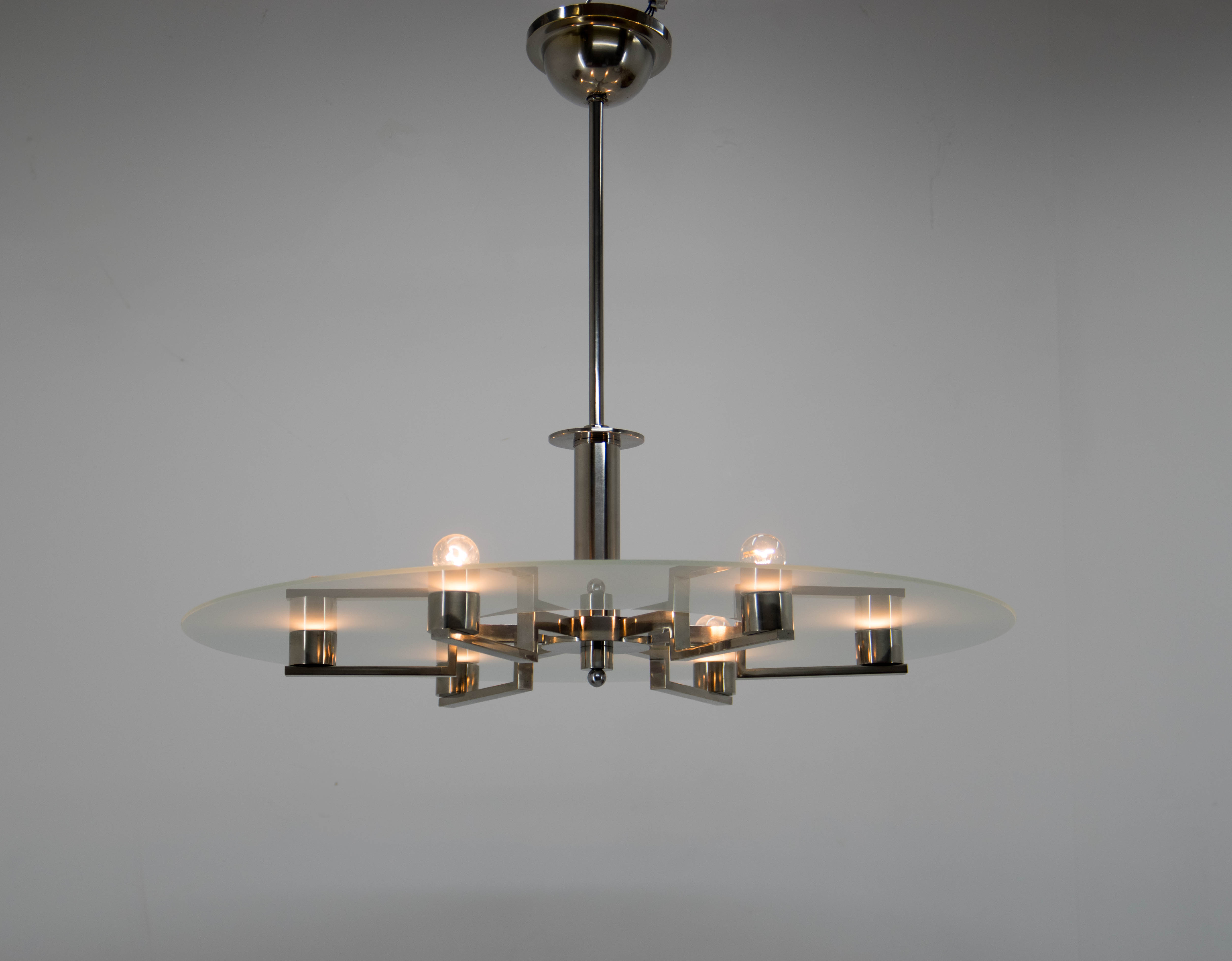 Functionalist 6-flamming Nickel-plated Chandelier, 1930s