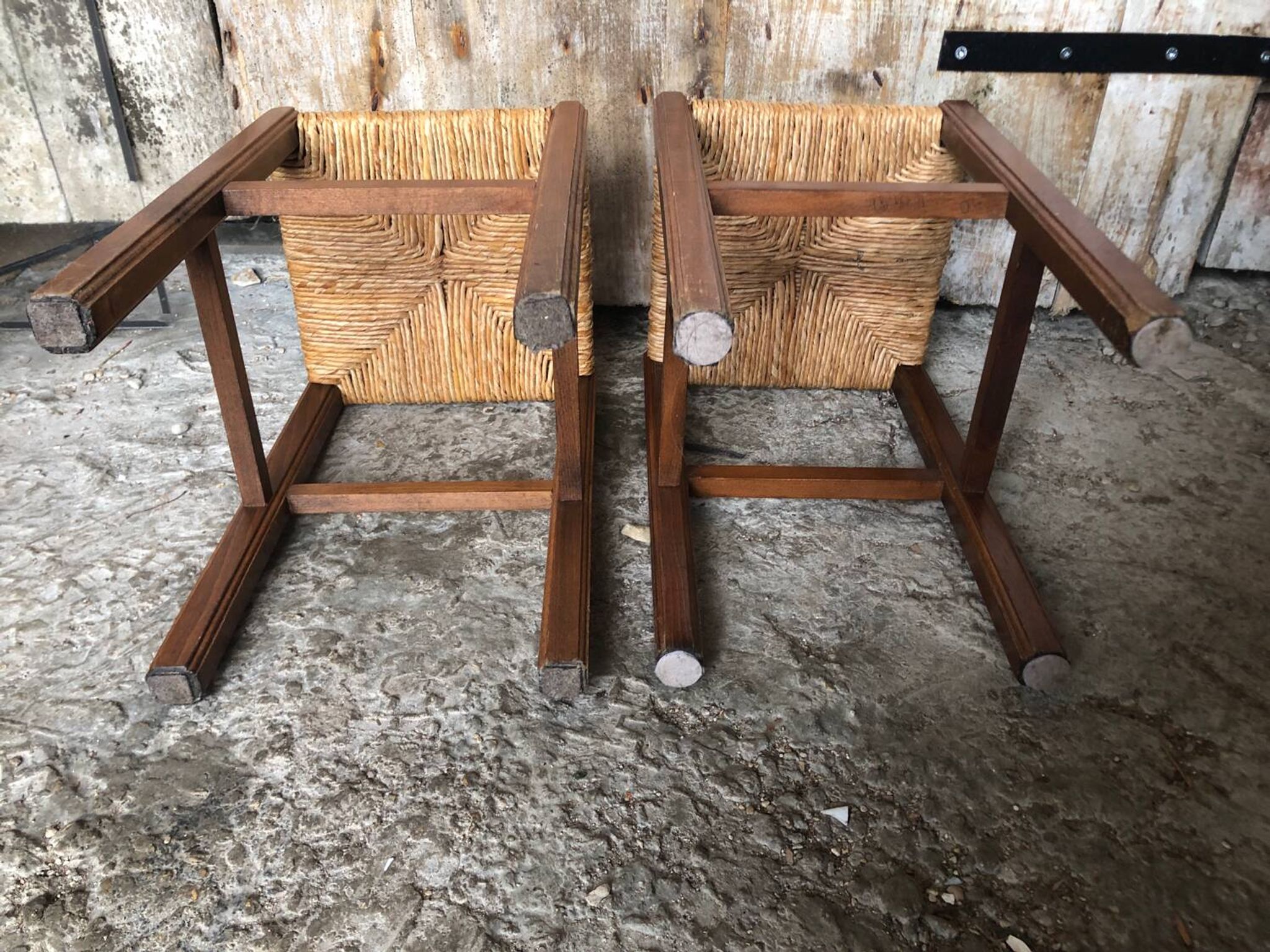 Pair of Old Carved Wood Stool + Vintage Straw Seat #A630
