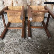 Pair of Old Carved Wood Stool + Vintage Straw Seat #A630