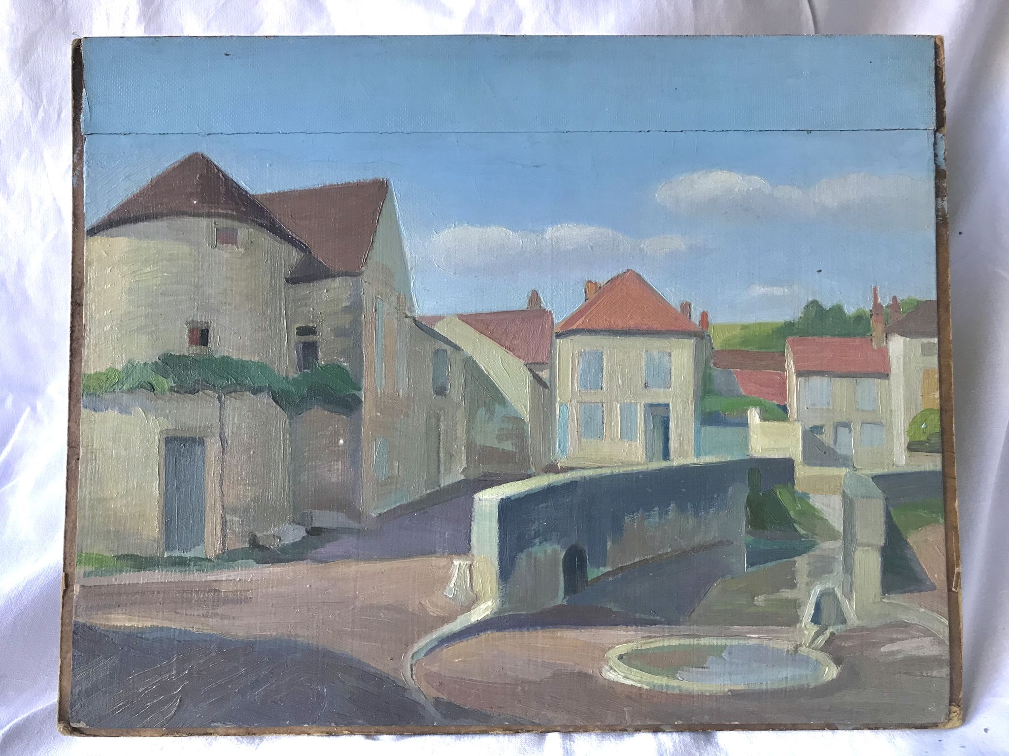 old painting oil on wood architecture village
