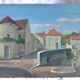 old painting oil on wood architecture village