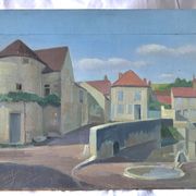 old painting oil on wood architecture village