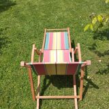 Vintage children's deckchair, sun lounger, striped canvas, 1960-1970.