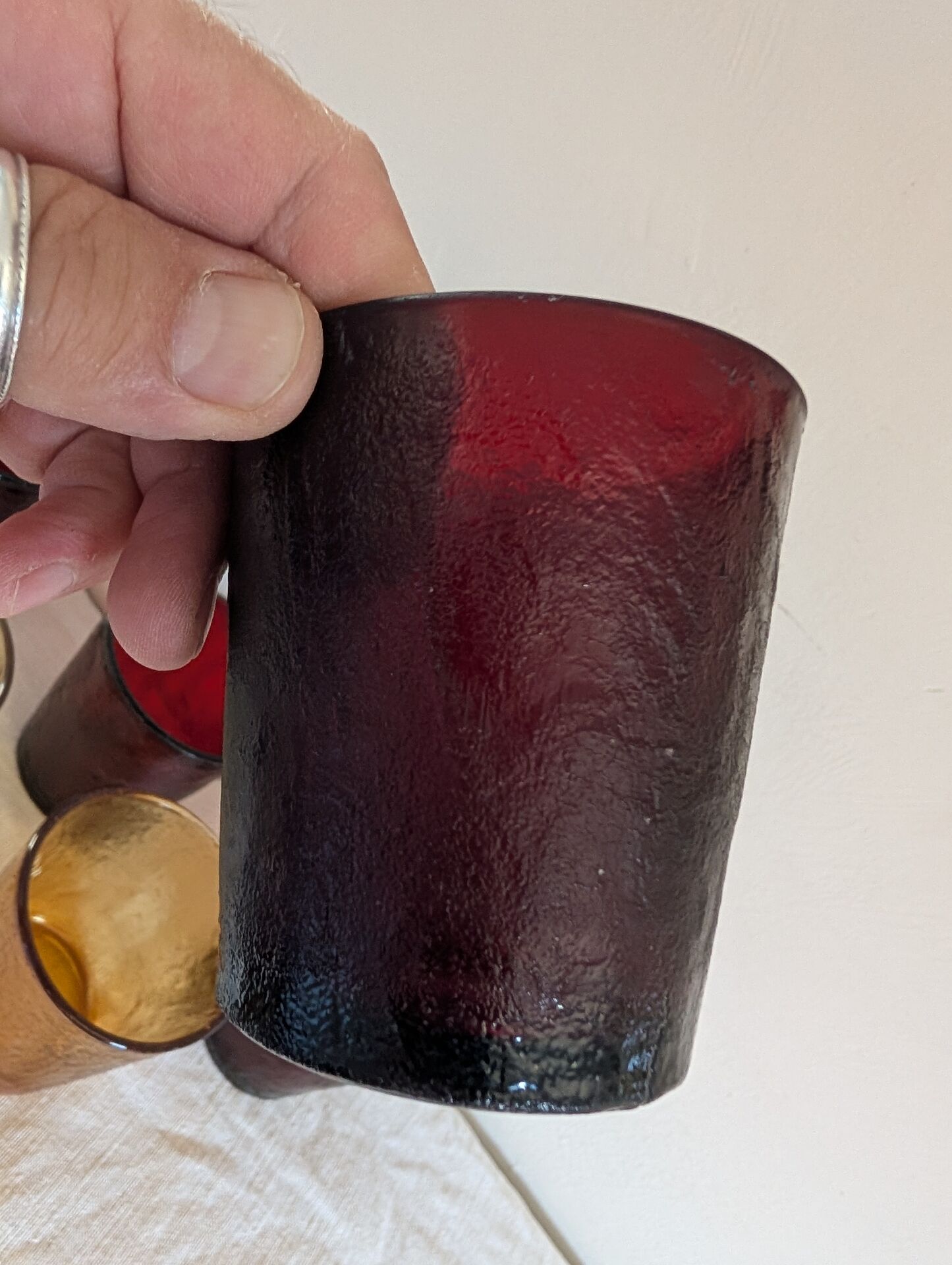 6 vintage glasses Lever France amber and ruby from the 1970s