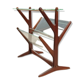 Vintage magazine rack in beech, glass and brass, Italian design from the 1950s.