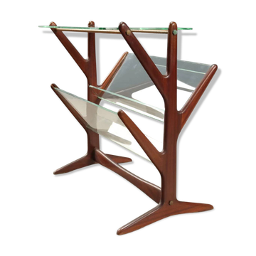 Vintage magazine rack in beech, glass and brass, Italian design from the 1950s.
