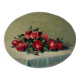 Peinture ancienne huile sur bois ovale jetée de roses années 30