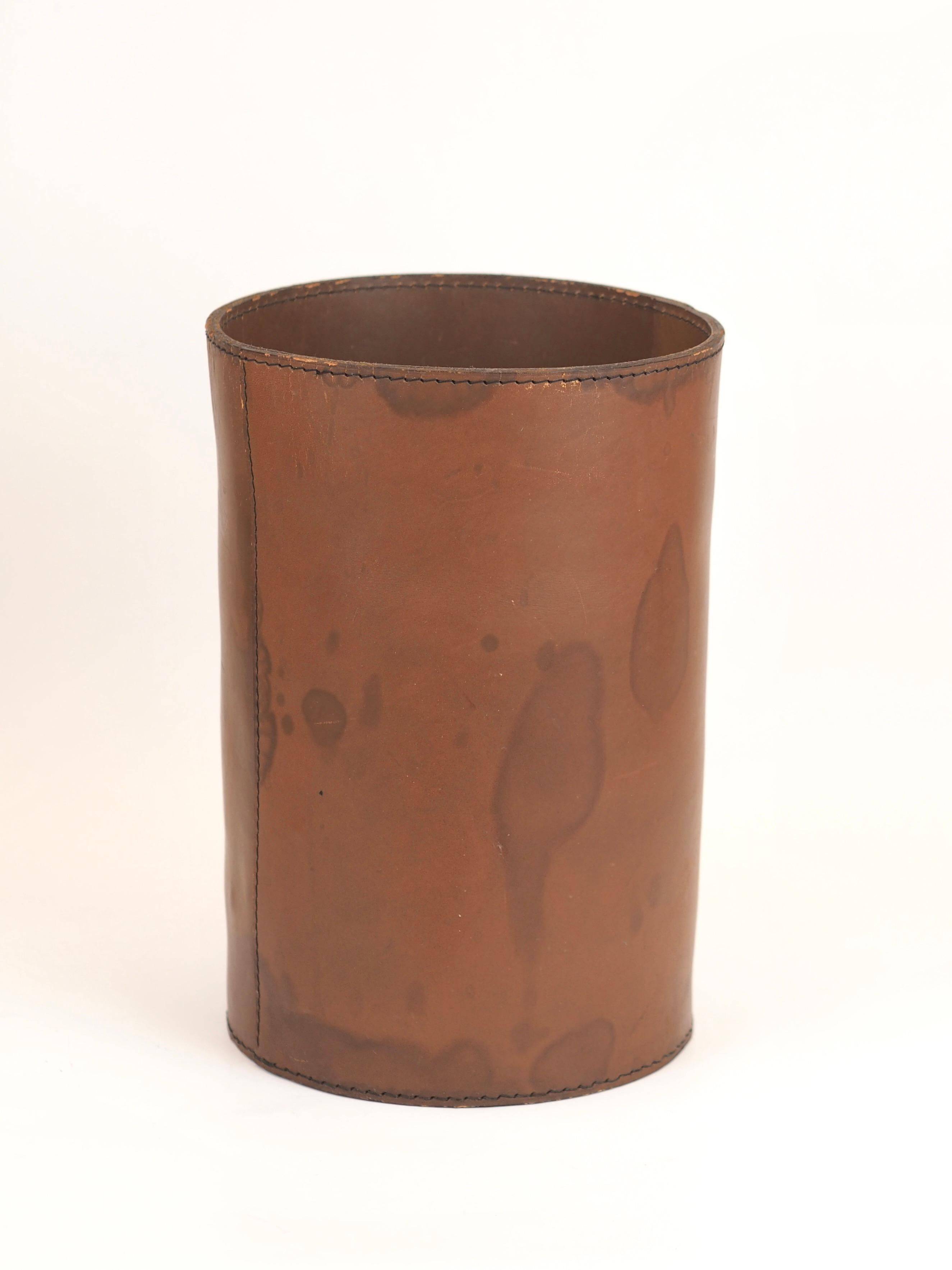 Authentic leather wastebasket/bin by Carl Auböck from the mid-20th century.