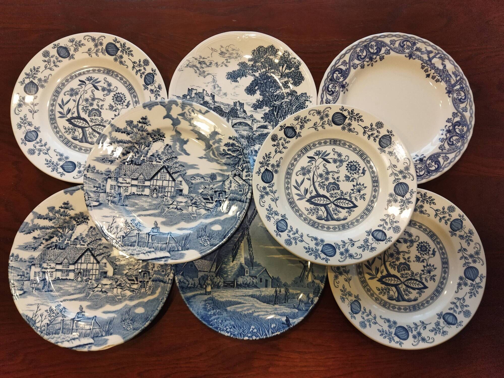 8 blue & white dinner plates (Royal Tudor Gien Lunéville Ceraminter)