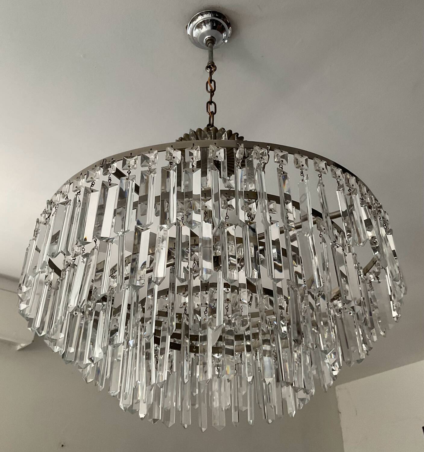 Large crystal chandelier with cascade of pendants from the 60s and 70s