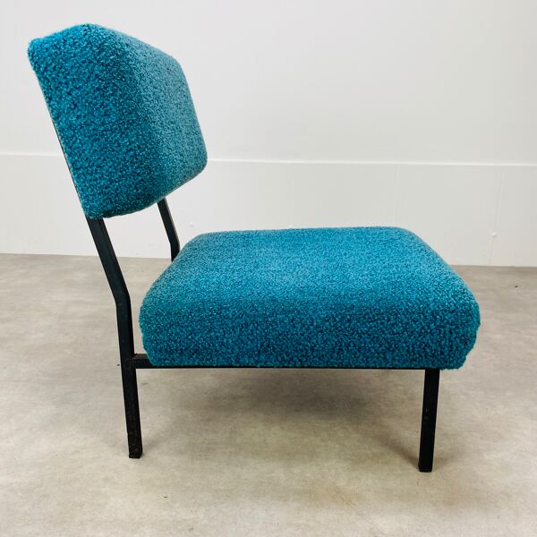 Chauffeuse moderniste années 50 tissu bouclette bleu vintage