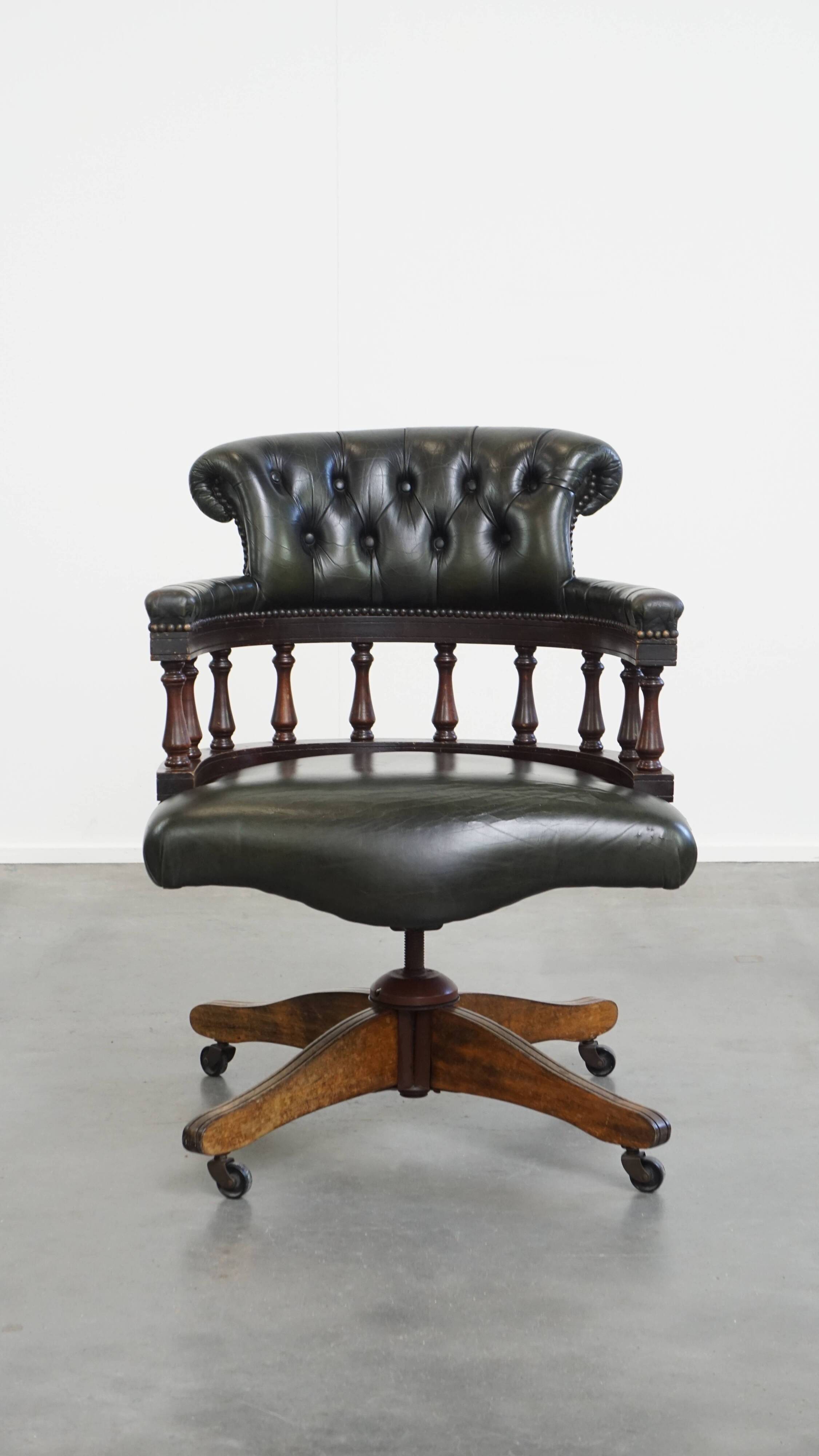 Dark Green Cowhide Leather Swivel and Tilt Chesterfield Office Chair