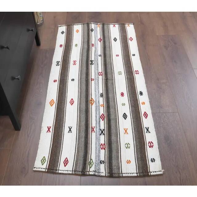 Vintage Turkish Hand-Knotted Wool Cotton White Kilim Runner Rug 65x140