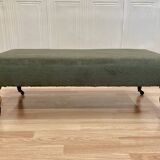 Khaki and oak sofa on casters, 1950s design.