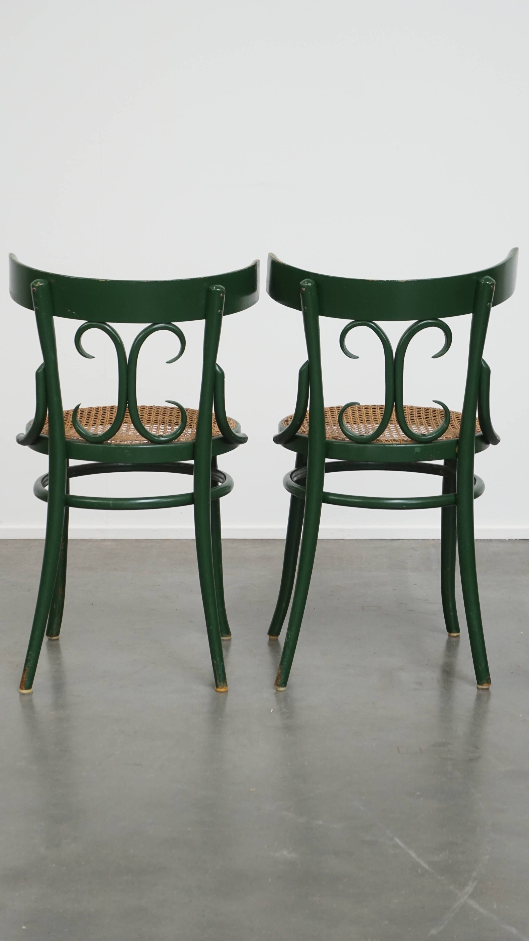 Set of 2 Green Vintage Bistro Chairs with Woven Reed Seats